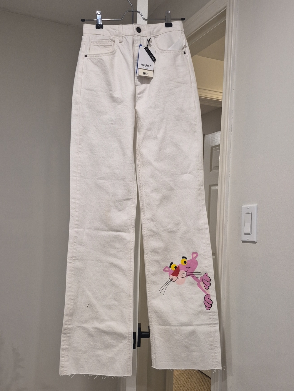 Desigual White Straight Leg Jeans with Pink Panther Graphic
